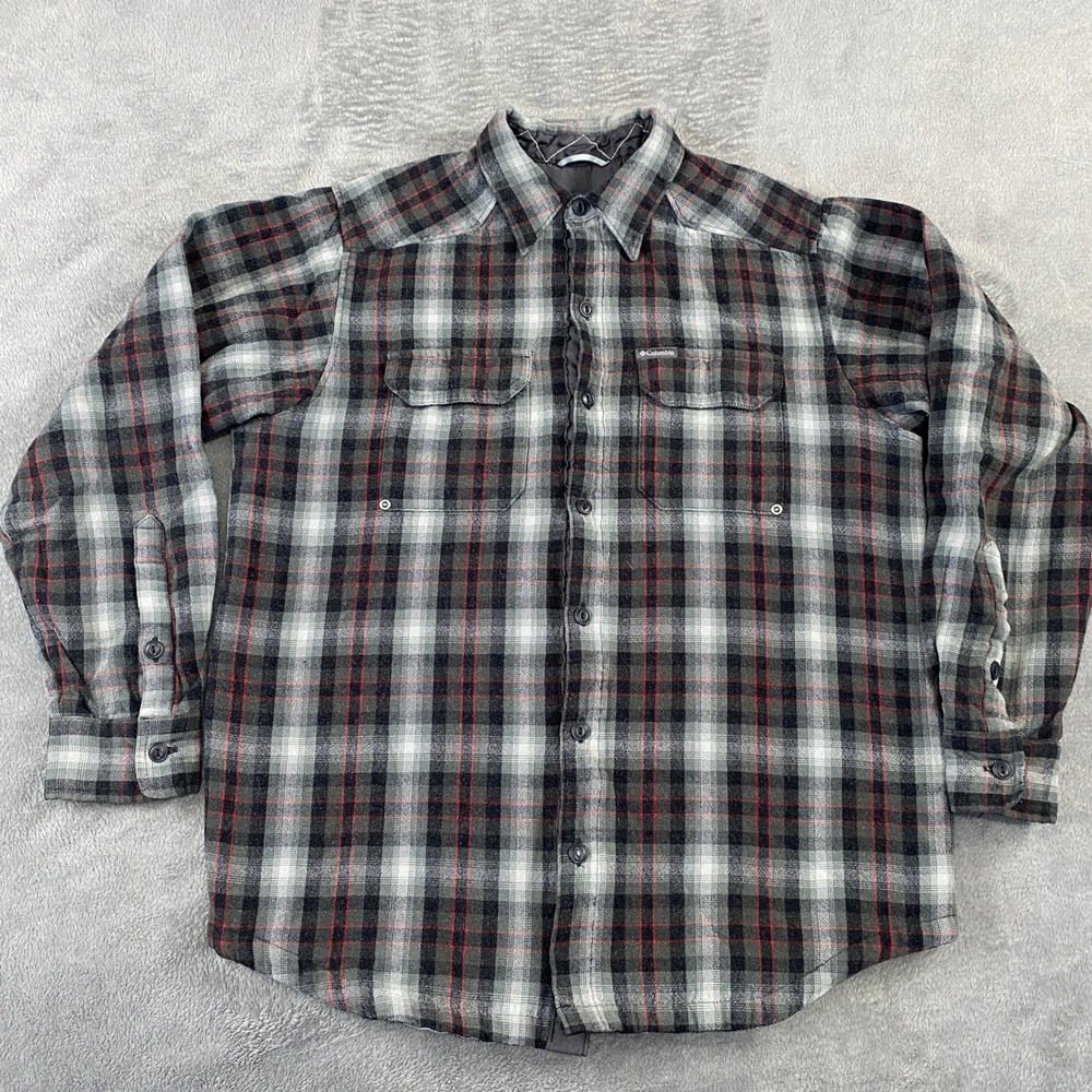 Columbia Plaid Sherpa Lined Flannel Shirt Jacket Mens M Gray Red Black Warm